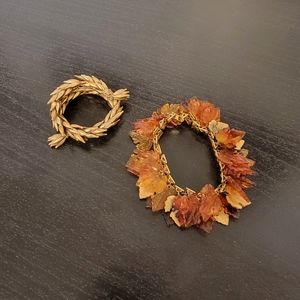 🔴 VINTAGE Resin Leaves Fall Autumn + Gold Tone Wrap Scales Leaf Bracelets